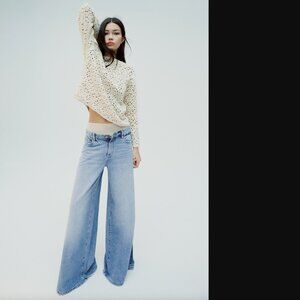 Zara Women Ivory Chenille Sweater with Crochet Lace Size S NWOT